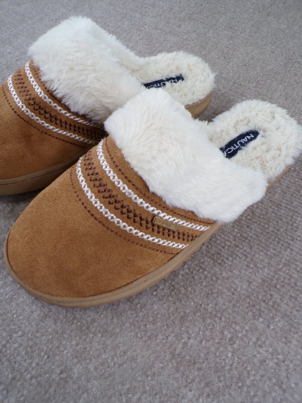 Nautica Faux Fur Micro-Suede Mule Slippers | Men’s Medium | Brown Cozy - Picture 7 of 11